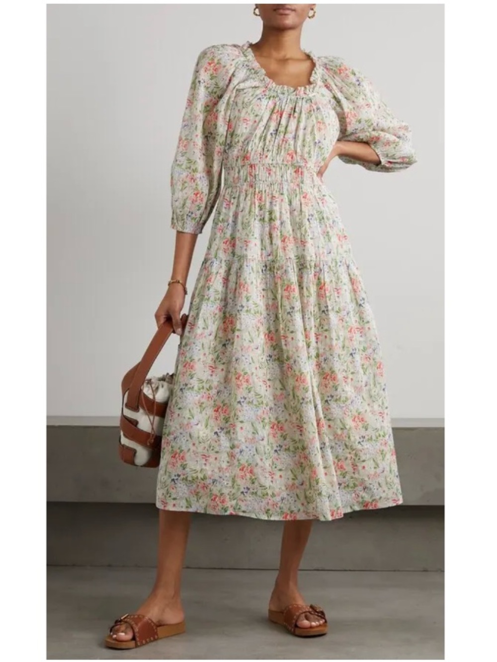 The Great Moonstone Meadow Floral Smocked A-Line Midi Dress Cottage Grey Small